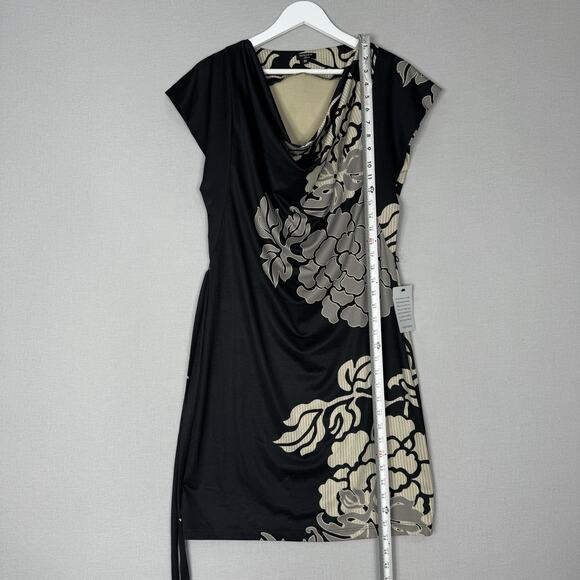 Komarov Womens Dress M Black Floral Jersey Knit Belted Cowl Neck Cocktail Career - Picture 3 of 11